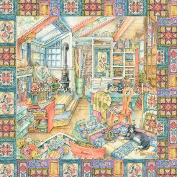 画像1: クロスステッチ図案 Quilt Room With Fabric Quilt Patches HAED(Heaven and Earth Designs) (1)