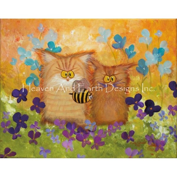 画像1: クロスステッチ図案Orange Cranky Cats With Bee- HAED(Heaven and Earth Designs) (1)