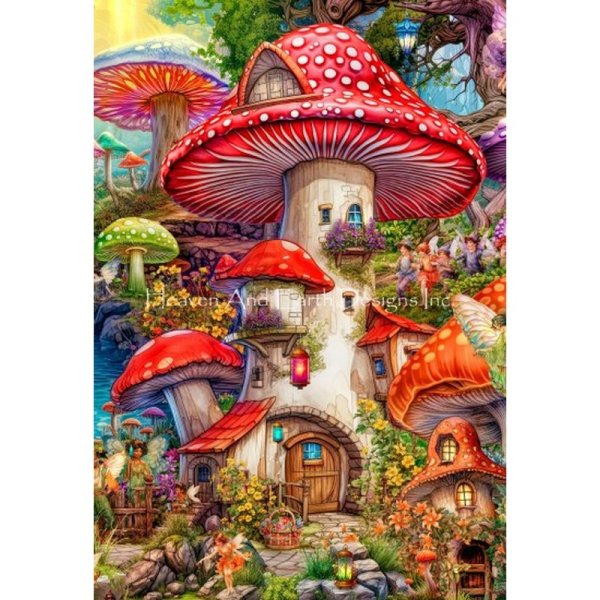 画像1: クロスステッチキット[HAED QS]QS Merry Mushroom Village Picnic 25ct - Heaven and Earth Designs  (1)