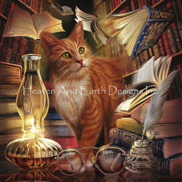 画像1: クロスステッチ キット[HAEDレギュラー]Library Cat- 25ct -Heaven and Earth Designs (1)