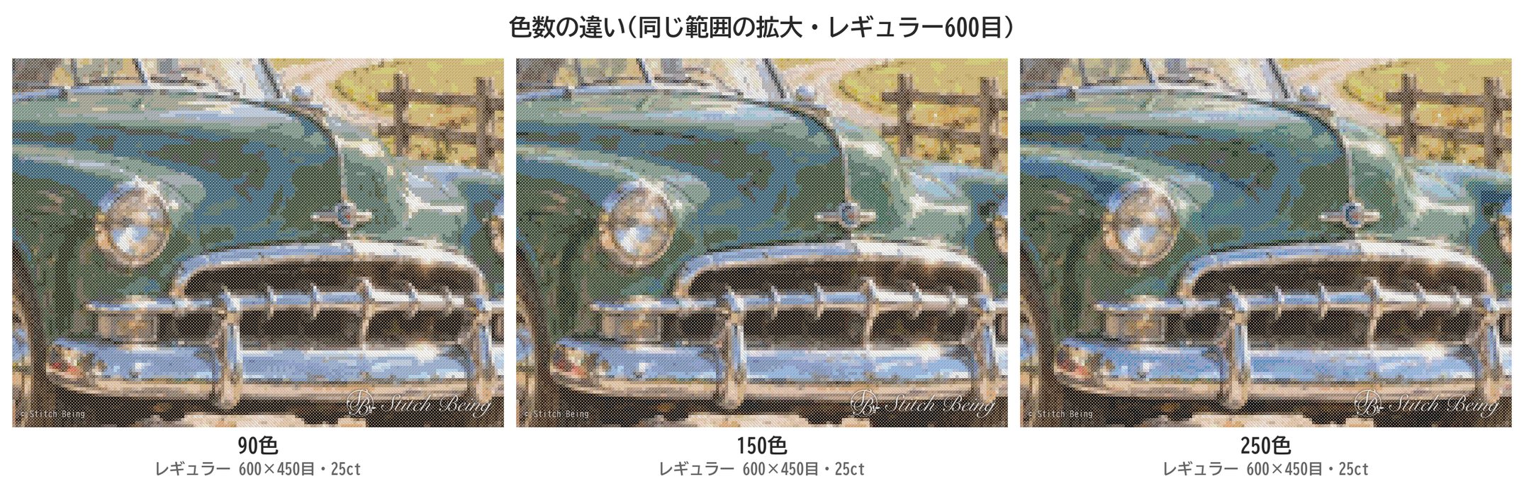 車の前を90色・150色・250色で比べた画像