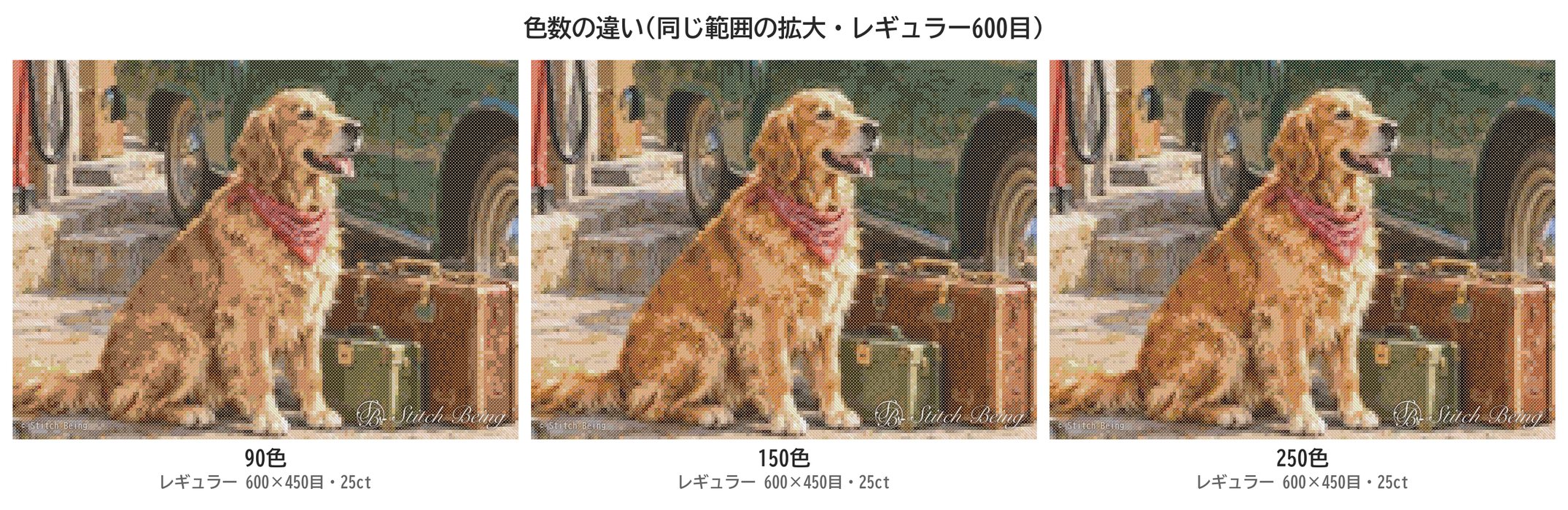 犬を90色・150色・250色で比べた画像